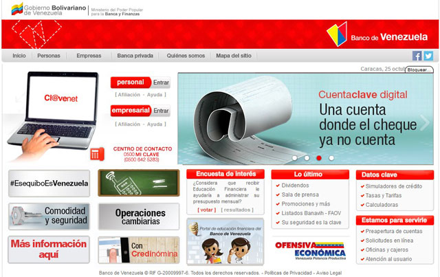 Captura de pantalla de la web del Banco de Venezuela
