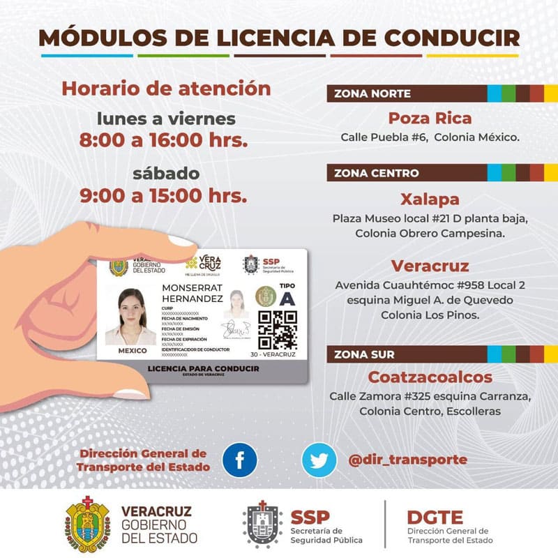 horario de los módulos para licencia de conducir en Verazcruz